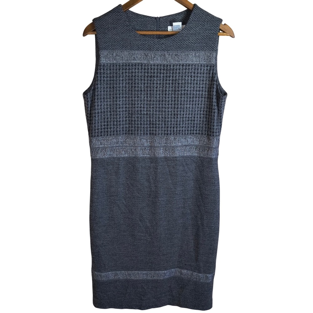 Doncaster Womens Grey Wool Blend Houndstooth Herringbone Sleeveless Sheath Dress